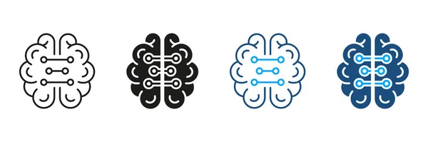 技术科学黑色和彩色象形文字 人脑和数字技术符号收集 神经学和人工智能轮廓和线条图标设置 孤立的病媒图解 — 图库矢量图片
