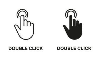 Çift Tıklama Hareketi, Bilgisayar Fare Hattı El İmleci ve Siluet Siyah Simge Kümesi. İşaret parmağı piktogramı. Double Press, Swipe, Touch, Point, Tap Tabelası. İzole Vektör İllüstrasyonu.