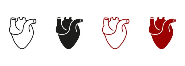 白色背景下的健康心血管器官符号收集 人的心脏 心脏肌肉线和轮廓彩色图标集 医学心脏科象形文字 孤立的病媒图解 — 图库矢量图片