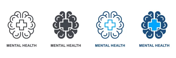 stock vector Mental Health Silhouette and Line Icon Set. Emotional Support Symbol Collection. Human Brain with Cross Shape, Medical Aid for Human with Psychological Disorder. Isolated Vector Illustration.