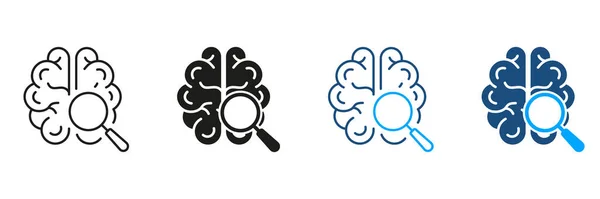 Neurologie Science Exploration Black Color Symbol Collection Gehirn Mit Lupensilhouette — Stockvektor