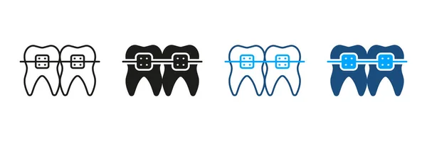 Dental Braces Silhouette Line Icons Set Dentists Oral Care Dentistry — Stock Vector