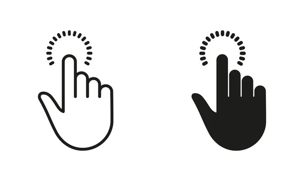 コンピューターマウスラインとシルエットブラックアイコンセットのカーソル針 指のピクトグラム Touch Point Click Press Swipe Gesture Sign Collection — ストックベクタ