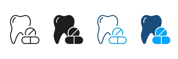 Пиктограмма Зубной Аптеки Обезболивающие Силуэт Зубов Таблеток Набор Иконок Коллекция — стоковый вектор