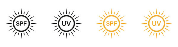 Skin Protection from Sun Pictogram, Sunblock Label, Sunscreen Cream. Summer Sunlight Symbol Collection. Block Solar Radiation. SPF Protect, Ultraviolet Rays Icon Set. Isolated Vector Illustration.