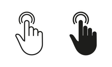 Çift Tıklama Hareketi, Bilgisayar Fare Hattı El İmleci ve Siluet Siyah Simge Kümesi. İşaret parmağı piktogramı. Double Press, Swipe, Touch, Point, Tap Tabelası. İzole Vektör İllüstrasyonu.