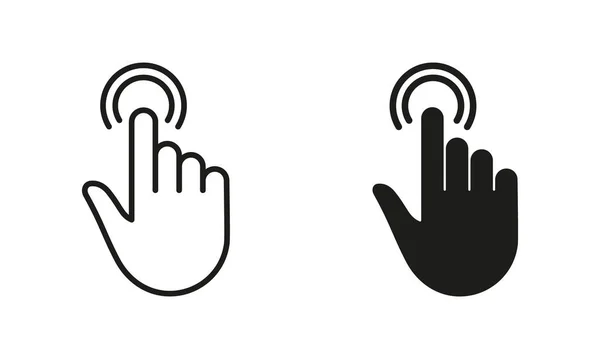 ジェスチャー コンピューターマウスラインのハンドカーソル および シルエットブラックアイコンセット をダブルクリックします 指のピクトグラム ダブルプレス スワイプ タッチ ポイント — ストックベクタ