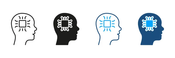 Inovação Neurociência Concept Pictogram Cabeça Humana Tecnologia Chip Silhueta Ícones — Vetor de Stock