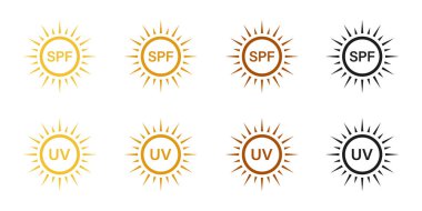 SPF Koruması, Ultraviyole Işınları Simgesi Ayarlandı. Sun Pictogram 'dan cilt koruma, güneş kremi, güneş kremi. Yaz Güneşi Sembol Koleksiyonu. Güneş radyasyonunu engelle. İzole Vektör İllüstrasyonu.