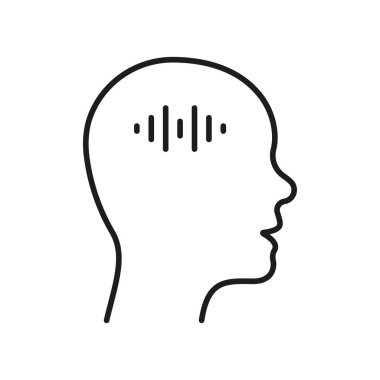 Voice in Human Head Line Icon. Self Talk, Man Thinking Linear Pictogram. Listen To Inner Voice Waves Outline Symbol. Mental Sound, Internal Dialogue. Editable Stroke. Isolated Vector Illustration. clipart