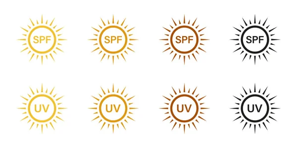 Spf Protect Set Icone Raggi Ultravioletti Protezione Della Pelle Pittogrammi — Vettoriale Stock