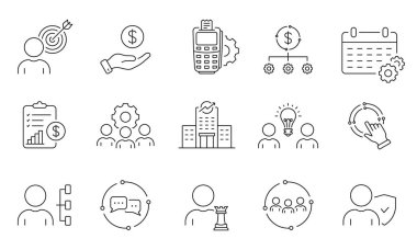 Yönetim Stratejisi Satır Simgesi Ayarlandı. Business Linear Pictogram 'da takım çalışması. Takım Organizasyonu, Geliştirme, Ortaklık Ana Hattı Sembolü. İnsan Kaynakları. Düzenlenebilir Vuruş. İzole Vektör İllüstrasyonu.