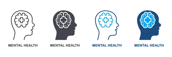 Mental Health Silhouette Line Icon Set Medical Aid Humans Psychological — Stock Vector
