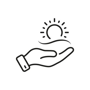 İnsan Eli Güneş Çizgisi Simgesini Tutar. Çevre koruma lineer grafiği. Sabah Günışığı Ana Hattı Sembolü. Ekoloji ve Doğa. Ekolojik Güneş Enerjisi İşareti. Düzenlenebilir Vuruş. İzole Vektör İllüstrasyonu.