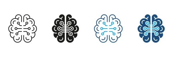 人工智能黑色和彩色符号集合 技术科学象形文字 人脑与电路 数字技术轮廓和线路图标设置 孤立的病媒图解 — 图库矢量图片