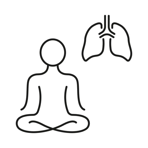 人做瑜伽 深呼吸运动线图标 心神线性象形文字 健康轮廓符号 人类的肺和莲花囊 可编辑的中风 孤立的病媒图解 — 图库矢量图片
