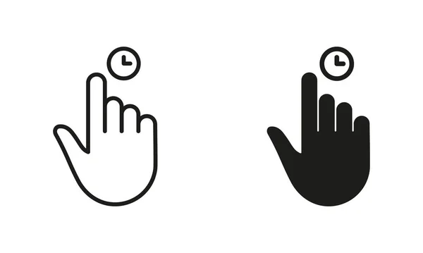 手动光标 鼠标线和轮廓黑色图标集 手指尖与时钟象形文字 点手势收集 孤立的病媒图解 — 图库矢量图片
