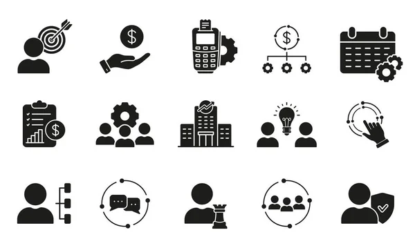 Takım çalışması ve Yönetim Silueti Simgeleri Ayarlandı. İş Stratejisi Glyph Pictogram Koleksiyonu. İnsan Kaynakları Sembolü. Takım Organizasyonu, Ortaklık ve Kalkınma İşareti. İzole Vektör İllüstrasyonu.