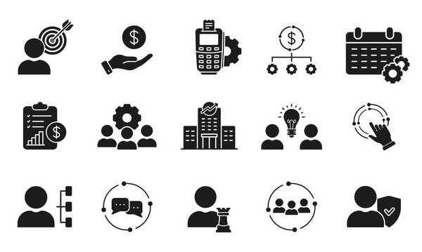 Teamwork and Management Silhouette Icons Set. Business Strategy Glyph Pictogram Collection. Human Resources Symbol. Team Organization, Partnership and Development Sign. Isolated Vector Illustration.