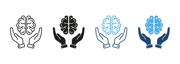 Neurology Psychology Line Silhouette Color Icon Set Human Brain Hands — Stock Vector