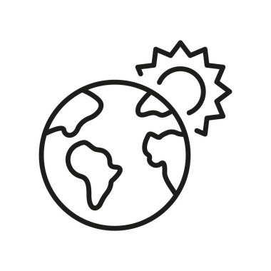 Globe ve Sun Line Icon, Küresel Isınma Konsepti. Dünya Gezegeni, Sıcak Dalgası, Sıcak Dünya Sıcaklığı Çizgisel Piktogram. Çevresel Güneş Enerjisi Sembolü. Düzenlenebilir Vuruş. İzole Vektör İllüstrasyonu.