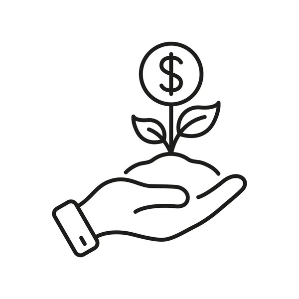 Ikonen För Tillväxtpengar Dollar Mynt Växtform Mänsklig Hand Linjär Piktogram — Stock vektor