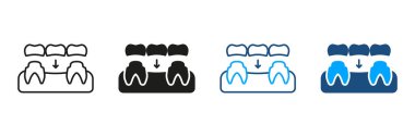 Diş Köprüsü Silueti ve Satır Simgesi Ayarlandı. Porselen protez, Diş Yenileme Piktogramı. Kısmi Diş İmplantı Restorasyonu. Diş Tedavisi Sembol Koleksiyonu. İzole Vektör İllüstrasyonu.