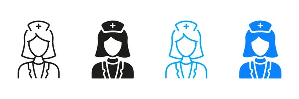 Doctor Woman Silhouette Line Icons Set Dalam Bahasa Inggris Spesialis - Stok Vektor