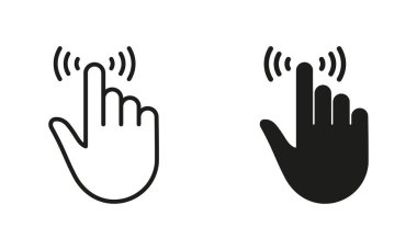 İşaret parmağı piktogramı. İmleç El, Bilgisayar Fare Hattı ve Siluet Siyah Simge Ayarları. Click, Press, Double Tap, Touch Swipe Point Finger Sembol Koleksiyonu. İzole Vektör İllüstrasyonu.