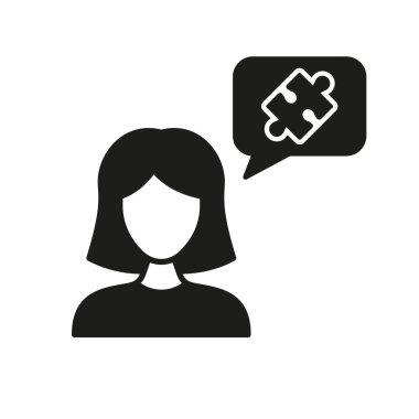 Yapboz Konuşma Baloncuğunda, Kadınlar Siluet Simgesini Düşünüyor. Tartışma, Beyin Fırtınası, İşbirliği Grafiği Pictogram. Akıl Sağlığı, Psikolojik Diyalog Katı Sembol. İzole Vektör İllüstrasyonu.