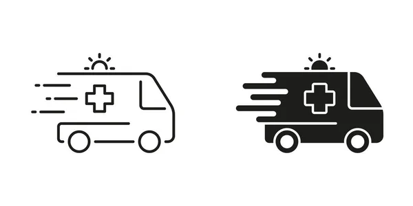 Ambulance Line Und Silhouette Black Icon Set Rettungswagen Für Patienten — Stockvektor