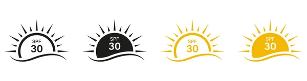 Spf 30防晒霜标签 阻挡太阳辐射 抗紫外线射线符号采集 防晒图标 紫外线护肤霜皮卡套装 孤立的病媒图解 — 图库矢量图片