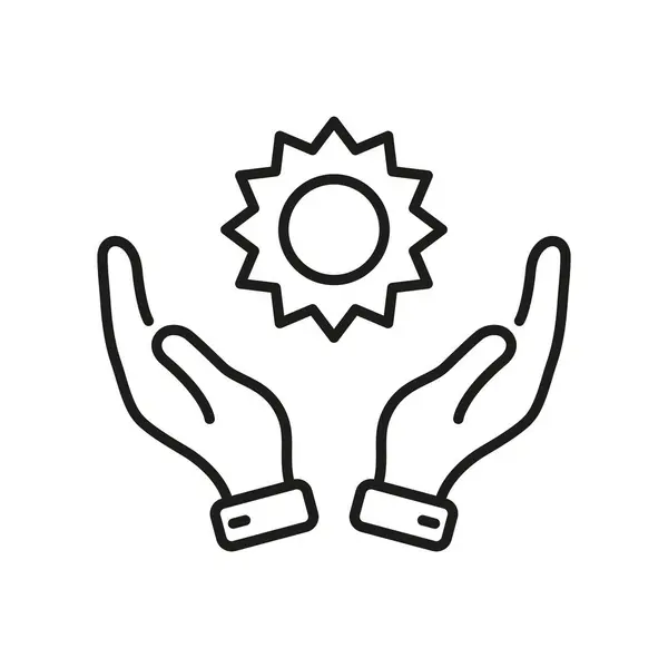 Ikona Solar Ecological Energy Line Ludzkie Dłonie Trzymają Słońce Znak — Wektor stockowy