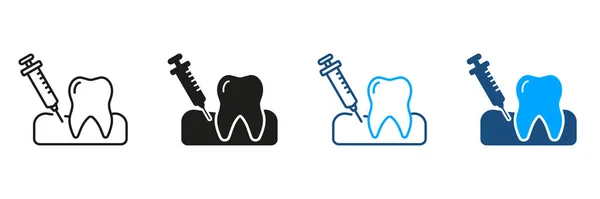 歯科麻酔シルエットとラインアイコンセット 口腔医学 歯の治療 歯のシンボルコレクション ガムブラックとカラーサインの麻酔注射 絶縁ベクトルイラスト — ストックベクタ