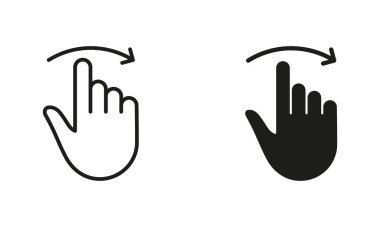 Swipe and Drag Right Line ve Silhouette Black Icon Set. Çimdik Ekran, Ekranda Elle Parmak Pictogram ile Döndür. Jest Sağ Kaydırma Sembol Koleksiyonu. İzole Vektör İllüstrasyonu.