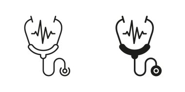 Stetoskop hattı ve siluet siyah simge seti. Kalp Hastalığı Teşhisi Tıbbi Ekip Piktogramı. Doktor aletleri, nabız muayenesi. Tıbbi Malzeme Sembol Koleksiyonu. İzole Vektör İllüstrasyonu.