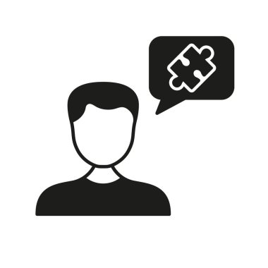 Man Think and Jigsaw parça in Speech Bubble, Psikolojik Diyalog Siluet Simgesi. Akıl Sağlığı Sembolü. Tartışma, İşbirliği, Beyin Fırtınası Piktogram. İzole Vektör İllüstrasyonu.