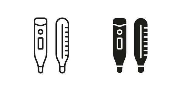 温度计线和轮廓黑色图标集 温度控制象形文字医疗工具 电子温度计和汞温度计符号收集 孤立的病媒图解 — 图库矢量图片