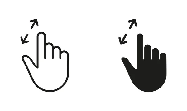 Zoom Gesture Hand Finger Line Silhouette Black Icon Set Enlarge — Stock Vector