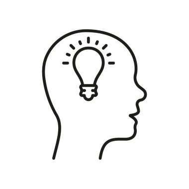 Creative Thinking Line Icon. Lightbulb in Human Head Linear Pictogram. Innovation Science Idea Outline Sign. Intellectual Mind Process Symbol. Editable Stroke. Isolated Vector Illustration.