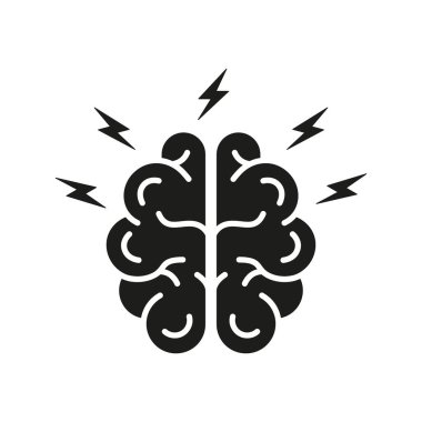 Beyin fırtınası Glyph Pictogram. Yaratıcı Fikir Somut İşareti 'ni düşünün. Yıldırımlı İnsan Beyni, Beyin Fırtınası Siluet Simgesi. Entelektüel Süreç Sembolü. İzole Vektör İllüstrasyonu.