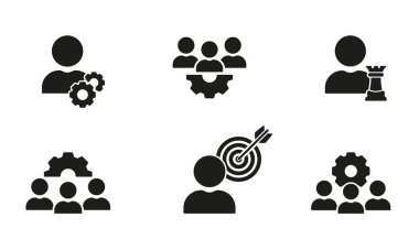 Stratejik Hedef Siluet Simgeleri Ayarlandı. Verimlilik Takım Çalışması ve İşbirliği Glyph Pictogram Koleksiyonu. Girişimci Hedef Katı İşaret. Yönetim Sembol Koleksiyonu. İzole Vektör İllüstrasyonu.