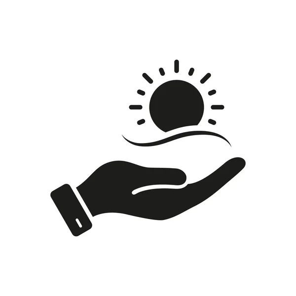 Environment Care Silhouette Icon Human Hand Holds Sun Glyph Pictogram — Stock Vector
