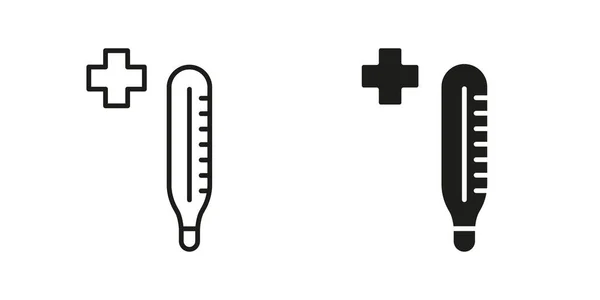 診断疾患ラインとシルエットブラックアイコンセットの温度計 温度制御ピクトグラムのための医学用具 ヘルスケア機器シンボルコレクション 隔離されたベクターのイラスト — ストックベクタ