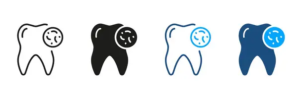 歯バクテリアシルエットとラインアイコンセット デンタルトリートメントブラックとカラーシンボルコレクション 口腔ウイルス問題ピクトグラム ヒト歯に対する微生物と感染症 隔離されたベクターのイラスト — ストックベクタ