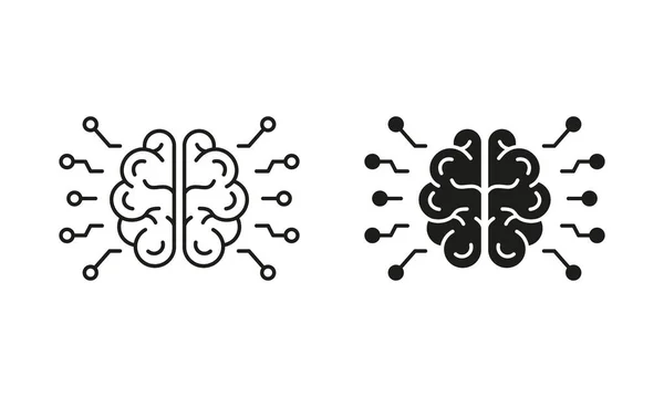 Línea Inteligencia Artificial Conjunto Iconos Silueta Human Brain Network Technology — Vector de stock