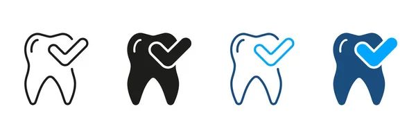 健康的牙齿轮廓和线图标设置 检查口腔健康 保护及卫生 牙科治疗符号收集 牙与核签象形文字 孤立的病媒图解 — 图库矢量图片