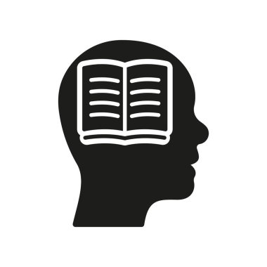 Öğrenme, kavrayış, bilgelik, fikir, bilgi, eğitim silueti simgesi. İnsan Başı Piktogram Kitabı. Zeki Beyin Katı İşareti. Entelektüel Süreç Sembolü. İzole Vektör İllüstrasyonu.