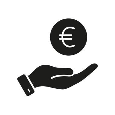 Para biriktir, Euro Sikkesi İnsan Eli Silueti Simgesi. Maaş al. İş Varlıklı Glyph Pictogram. Finansal Ekonomi İşareti. Mali Ödeme Sembolü. İzole Vektör İllüstrasyonu.