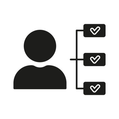 Şirket Müdürü Roles Siluet Simgesi. Sorumlu Yönetici Glyph Pictogram. Çalışanların Sorumluluğunu ve İş Kültürü Katı İşaretini kontrol et. Delege Görev Sembolü. İzole Vektör İllüstrasyonu.